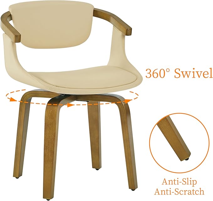 Art Leon Dining Room Chairs - Mid Century Modern Faux Leather Swivel Dining Chairs with Arms, Desk Chairs No Wheels, Set of 2, Cream
