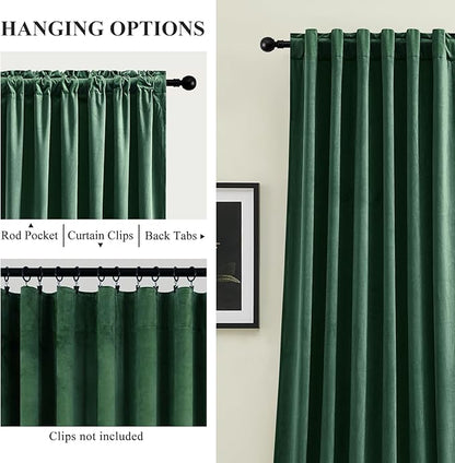 Green Velvet Curtains 84 Inches for Living Room, Elegant Thermal Insulated Luxury Drapes Room Darkening Heavy Blackout Curtains for Bedroom, Back Tab Rod Pocket, Dark Green, W52 x L84, 2 Panels
