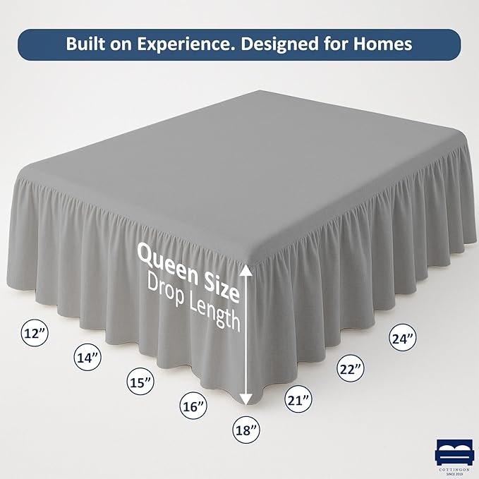 Ruffled Bed Skirt with Split Corners-Dust Ruffle - 16" Drop 100% Microfiber Soft,Sheen & Luxurious Look - Bed Skirts (Light Grey -Queen)