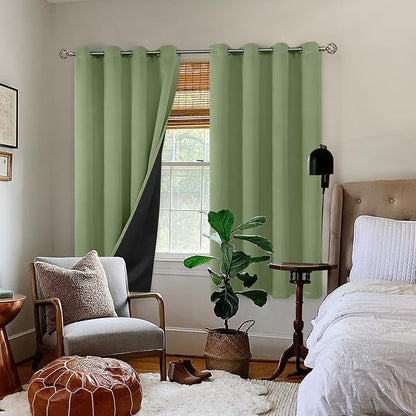 BGment Thermal Insulated 100% Blackout Curtains for Bedroom with Black Liner, Double Layer Full Room Darkening Noise Reducing Grommet Curtain (52 x 72 Inch, Grass Green, 2 Panels)