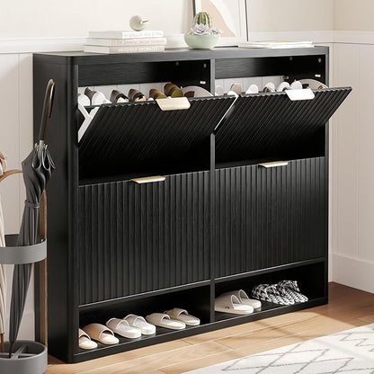 Fluted Shoe Cabinet Storage with 4 Flip Drawers, Narrow Shoe Storage Organizer for Entryway, Hidden Slim Wooden Shoe Rack Cabinet for Front Door Entrance, Hallway, Living Room (4-Drawer, Black)