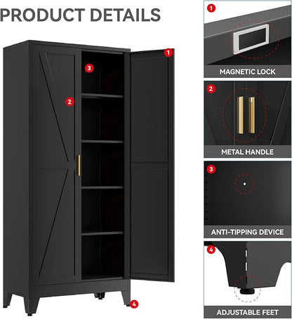 Farmhouse Pantry Cabinet with Barn Doors, 71" H x 31.5" W, 5-Tier Metal Storage Cabinet with 4 Adjustable Shelves for Kitchen Garage Dining Room, Black