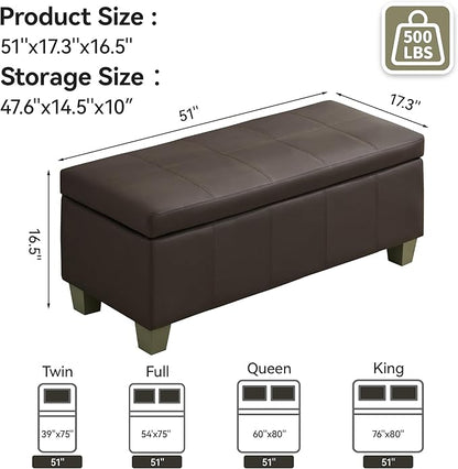 51" Faux Leather Storage Ottoman, Stitch Tufted Rectangle Upholstered End of Bed Storage Bench, Entryway Large Couch Ottoman with Wooden Legs,Brown