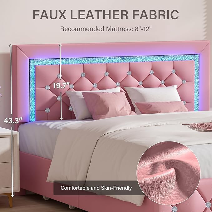Pink King Size Bed Frame with LED Lights, Upholstered Platform Bed with Diamond Tufted Headboard, Princess Bed Frame with Storage Drawers, Wooden Slats Support, No Box Spring Needed, Easy Assembly