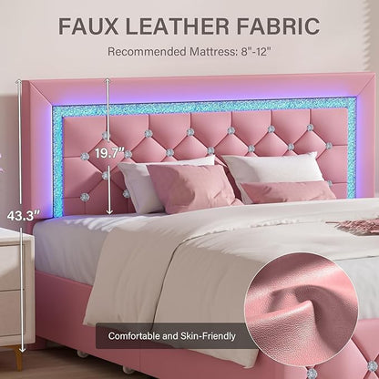 BarnFurin Full Size Bed Frame with LED Lights, Upholstered Bed Frame with Storage Drawers, Princess Platform Bed with Diamond Headboard and Footboard, No Box Spring Needed, Pink