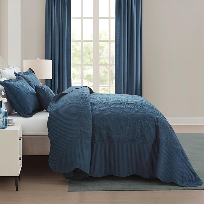 CHIXIN Oversized Bedspread Coverlet Set King Size - Lightweight Bedding Cover - Beautiful Stitching - 5 Piece Reversible Bedspread - Gorgeous Damask Paisley Pattern (King, Navy)