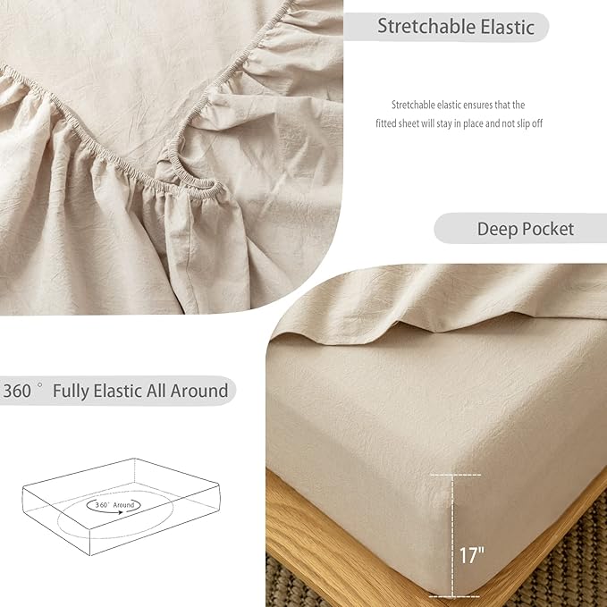 MooMee Fitted Bottom Sheet Only 100% Washed Cotton Linen Like Textured Breathable Durable Soft Comfy Deep Pocket Fits Mattress up to 17" (Taupe, Queen)