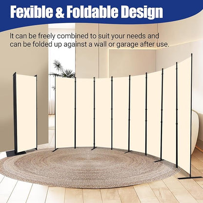 Room Divider Folding Privacy Screens with Wheels, 6FT Tall Divider for Room Separation, Movable Room Partitons and Dividers, Indoor Room Dividers Panel with Fabric (Beige, 8 Panel-176‘’-Flat Base)