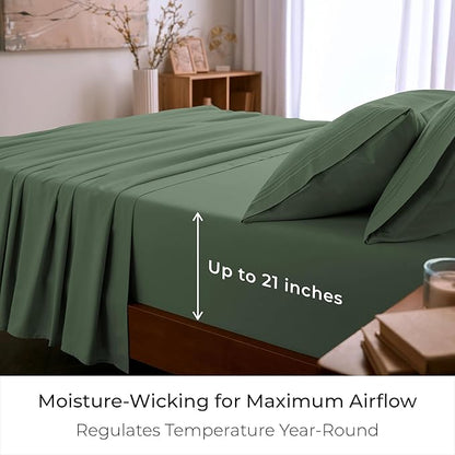 Mellanni Full Sheet Set - 6-Piece Iconic Collection Bedding, (Including 4 Pillowcases), 21-Inch Extra Deep Pocket, Easy Care, Ultra Soft, Cooling Sheets, Brushed Microfiber - Sage
