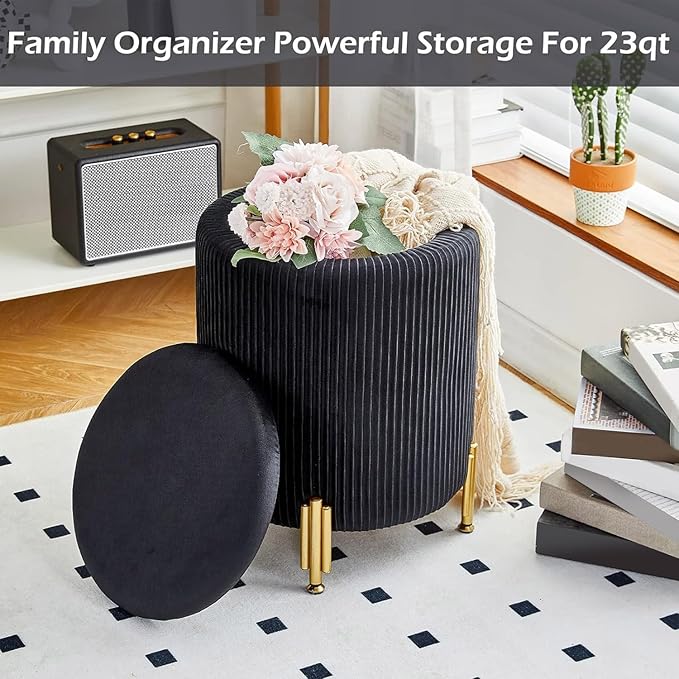 Mxfurhawa Round Ottoman Foot Stool with Storage and Metal Legs for Living Room Bedroom, Velvet Upholstered Footrest Stool Support 300lbs Modern Padded Seat Ottoman Coffee Table (Black)