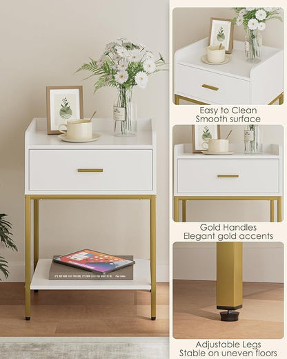 Masupu Nightstand,3-Tier Modern Bedside Night Stand with Storage Drawer and Shelf,Small End Side Table for Bedroom,Living Room,White (Without Outlet, White)