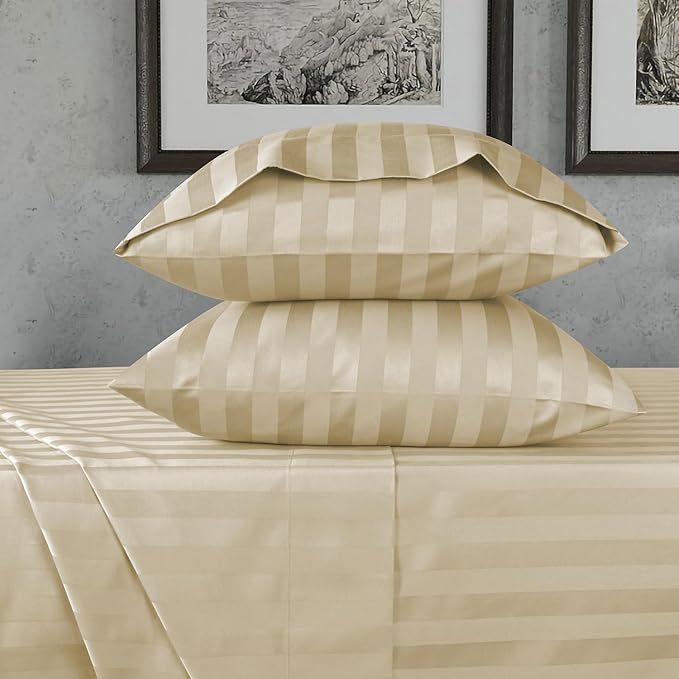 URBANHUT 800 Thread Count 100% Cotton Damask Twin Size Sheets, 4 Piece Striped Twin Size Bedsheets, Luxury Hotel Sheets Sateen Weave - Better Than Egyptian, 14" Elasticized Deep Pocket- Sand