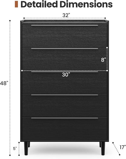 48" Tall Black Dresser for Bedroom, Modern 5 Drawer Chest of Drawers with Wood Grain Finish, Slim Vertical Storage Cabinet with Raised Edge Top, Anti-Tip Kit
