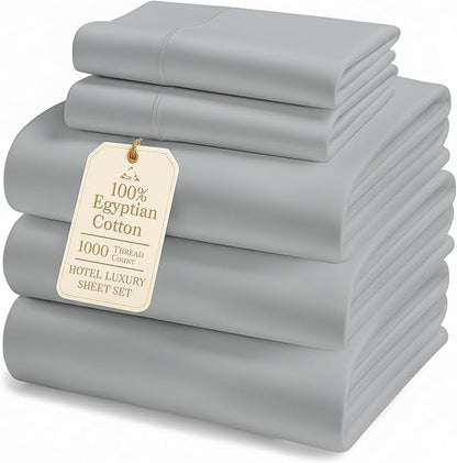 LANE LINEN 100% Egyptian Cotton Split King Sheets for Adjustable Beds - 1000 Thread Count, Sustainably Produced Luxury Hotel Like Thick Split King Bed Sheets, Machine Washable Cotton Sheets - Silver