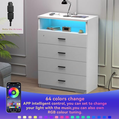 Dresser with Power Outlets and LED Lights Wooden 4 Drawer Dresser with Large Organizer Tall White Drawer for Bedroom Modern Chest of Drawers Closet for Living Room Kids Room