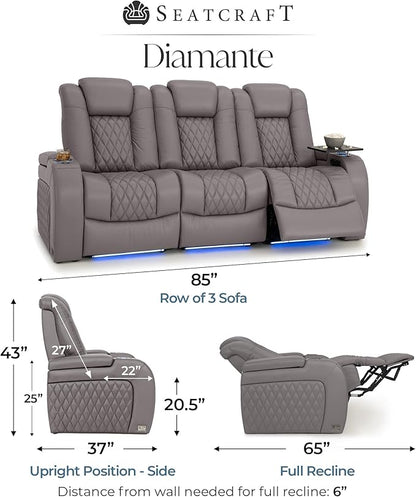 Seatcraft Diamante Zero-Gravity CoolZero Italian Leather Home Theater Seating, Power Headrest, Power Recline, Row of 3 Sofa, Gray