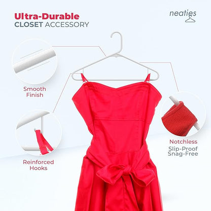 Neaties Plastic Hangers 15 Pack – Made in The USA – 6lb Capacity Standard Clothes Hangers with Strap Hooks for Dresses, Lingerie, Shirts, Pants, and Jackets – White