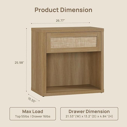 SICOTAS Night Stand 26" Wide Large Nightstands with Drawer & Shelf Storage Rattan Bedside Table Boho End Table Tall Bed Side Tables Night Stands for Bedroom Living Room Sofa Office Dorm, Amber Oak