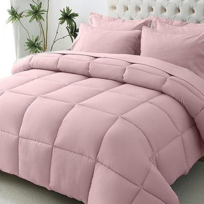JOLLYVOGUE Full Comforter Set, Ultra-Soft Bed in a Bag Full Size 7 Pieces, Oeko-TEX Certified Bedding Set with Down Alternative Comforter, Sheets, Pillowcases & Shams, Camio Pink