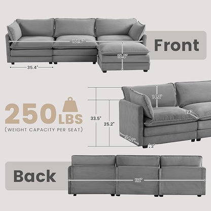 ROWHY 112'' Modular Sectional Cloud Couch with Movable Ottoman, 4 Seat Modern Corduroy Sofa with 2 Throw Pillows, Comfy Deep Seat L Shaped Couches for Living Room Bedroom Apartment, Dark Grey