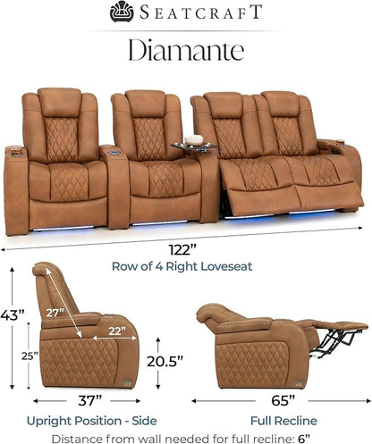 Seatcraft Diamante Zero-Gravity CoolZero Italian Leather Home Theater Seating, Power Headrest, Power Recline, Row of 4 Right Loveseat, Tawny