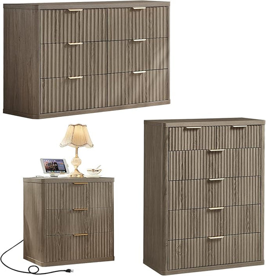 LEYAOYAO Fluted Dressers & Nightstand Set of 3, Wood 48" Wide Dresser & 42" Tall Chest of Drawers,Modern Bedroom Furniture Sets, Grey Wooden Nightstand with 3 Drawers & Charging Station