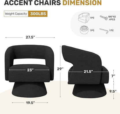 Swivel Accent Chair Set of 2, Modern Comfy Teddy Barrel Chairs, Oversized Upholstered Round Arm Chair for Living Room, Bedroom, Reading Room, Black