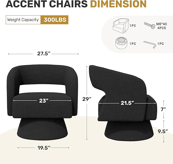 Swivel Accent Chair, Modern Comfy Teddy Barrel Chairs, Oversized Upholstered Round Arm Chair for Living Room, Bedroom, Reading Room, Black, 1 PCS