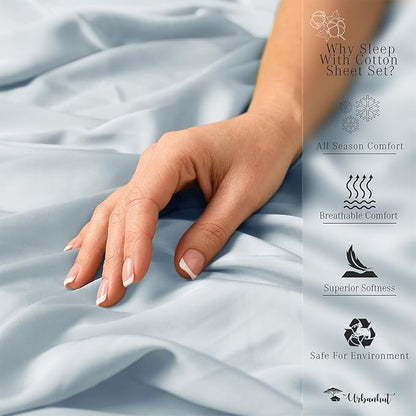 URBANHUT 800 Thread Count 100% Cotton Queen Size Sheets, Luxury 4 Piece Queen Bedsheets, Hotel Sheets Sateen Finish - Better Than Egyptian, 16" Elasticized Deep Pocket - Light Blue