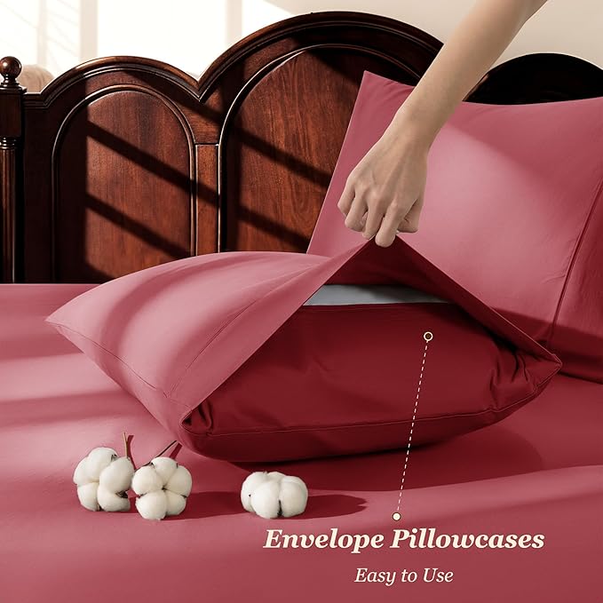LBRO2M 1000 Thread Count 100% Egyptian Cotton Sheets Set Full Size, 4 Piece Sets Bed Sheet Deep Pocket Sheet Set 16" Soft Comfortable All Season (Full Burgundy)