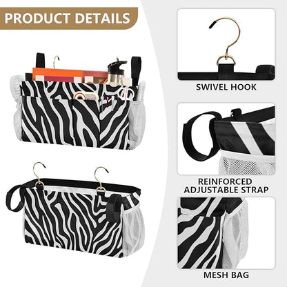 Bedside Caddy Hanging Bunk Bed Caddy Bed Organizer Hanging Pocket with 2 Hooks Bedside Storage Organizer Pocket Bag Holder White Black Zebra Print