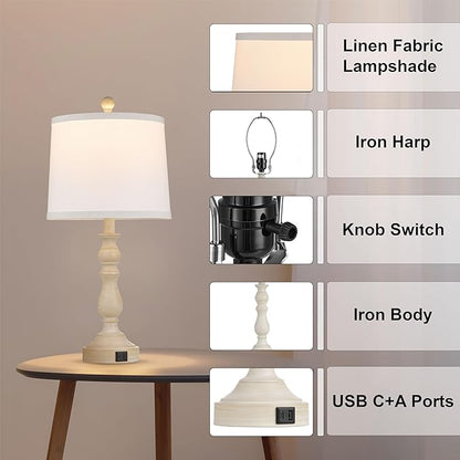 23'' Farmhouse Table Lamps for Living Room Set of 2 with USB C+A Ports, Retro Bedside Lamp for Bedroom, Office, Dining Room, Knob Switch, 3 Color Temperatures, Bulb Included, Beige