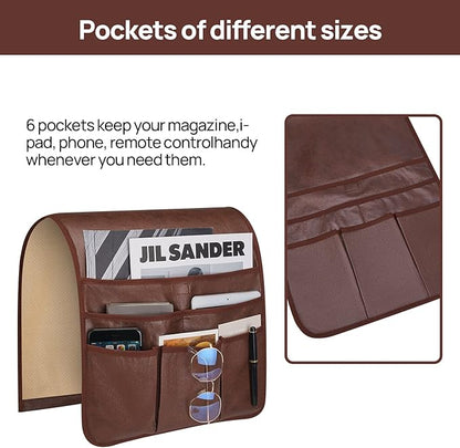Teniux Remote Control Holder Faux Leather Armrest Organizer with 6 Pockets for Recliner Couch Sofa, Armchair Caddy for Smart Phone, Book, Magazines, Ipad, Remotes (Brown)