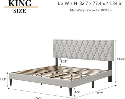 King Size Bed Frame with Diamond Tufted Headboard, Linen Upholstered Platform Bed and Wooden Slat Support, Noise-Free, No Box Spring Needed, Easy Assembly, Light Grey