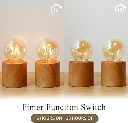 JHY DESIGN Set of 2 Wood Grain Table Lamp 6.5" Tall Cordless Lamp Light with Edison Style Bulb and 6 Hours Timer Battery Operated Lamp Great for Living Room Weddings Parties Patio Indoors Outdoors
