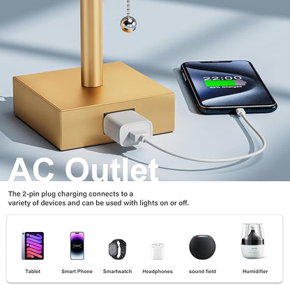 Gold Bedside Table Lamps for Bedroom - Small Nightstand Lamp Set of 2 with AC Outlet Charging Port, 3 Color Temperatures Rectangular Desk Light, Tabletop Reading Lamp for Living Room/Dorm/Office