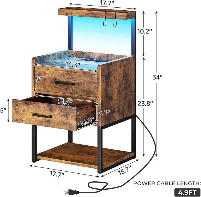 VIAGDO Nightstand with Charging Station and LED Lights, Rustic Brown Bedside Night Stands with 2 Drawers and Open Storage Shelves, Modern End Side Tables for Bedroom,Office