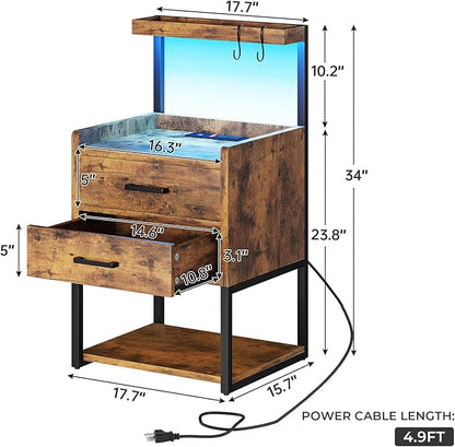 VIAGDO Nightstand with Charging Station and LED Lights, Rustic Brown Bedside Night Stands with 2 Drawers and Open Storage Shelves, Modern End Side Tables for Bedroom,Office