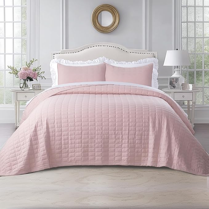 KASENTEX King XL Quilt Set 108"x98" – Soft Washed 3-Layer Lightweight Bedspread, Minimalist Nordic Design, All-Season Spring & Summer Quilt Set (1 Quilt + 2 Pillow Shams), Blush Pink