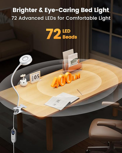 Glocusent Clip on Light, 72 LEDs Clip on Lamp with Amber Night Light, 3 Colors & 5 Brightness Bed Lamp, 30/60-Min Auto Off Timer, Perfect Eye Caring Reading Lamps for Bed/Headboard/Table/Desk