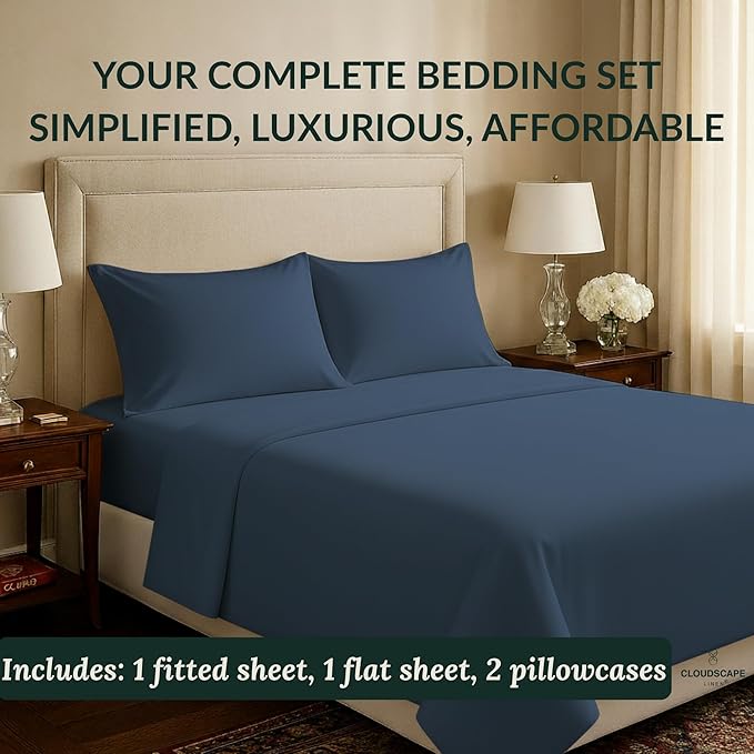 Cloud Scape Linen 100% Egyptian Cotton Sheets for Queen Size Bed, 400 Thread Count, 4 Pieces Bedding Set, Hotel Quality, Silky Soft, Deep Pockets up to 17”, Dark Denim