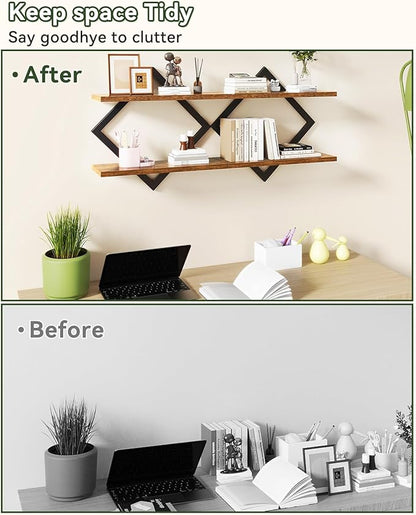 IBUYKE Floating Shelves,15 Inch Wall Shelf Set of 2,Wall Mounted Shelves,2 Tier Hanging Decorative Storage Shelf for Living Room, Bedroom, Bathroom, Kitchen TFS003H-2