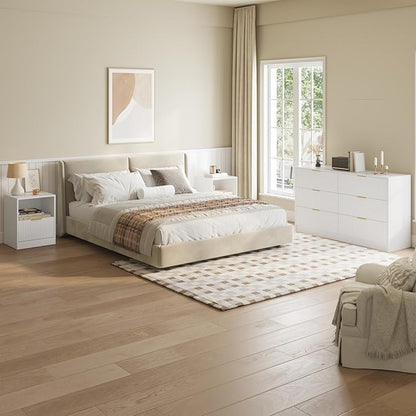 6 Drawer Dresser & Nightstand Set 3-Piece, 55” Wide Bedroom Set Night Stand Set of 2 with Metal Handle, Fluted Modern Wood Chest of Drawers Storage Dressers Set for Bedroom, White