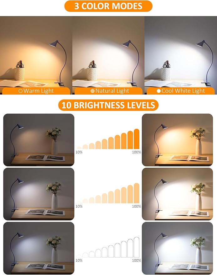 Clip on Light USB Reading Light, Eye Care Dimmable Reading Lamp Flexible Gooseneck Clip on Lamp for Bed Headboard Desk Bedside Dorm - Purple