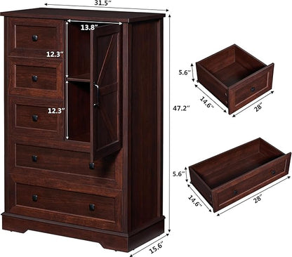 SOOWERY Dark Cherry Dresser for Bedroom, 5 Drawer Farmhouse Wood Dressers with Double Storage Cabinet, 48 Inches Tall Chest of Drawers for Bedroom, Living Room, Hallway