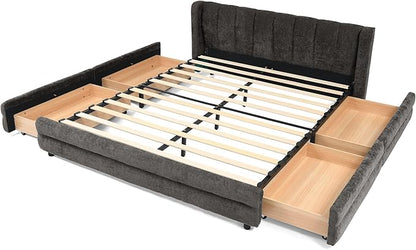 DEINPPA Queen Size Bed Frame with 4 Storage Drawers and Cloud Soft Headboard, Chenille Upholstered Grounded Wood Base Bed Frame, No Box Spring Needed-Dark Grey