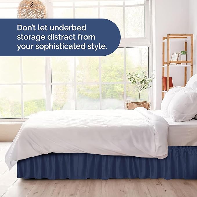 Wrap Around Dust Ruffle Bed Skirt - Navy Blue - for Full Size Beds with 18 Inch Drop - Elastic Strap - Adjustable Pleated Bedskirt with Brushed Fabric and Wrinkle Free - for Women, Men, Kids & Teens