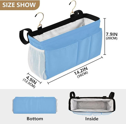 KOPIRIT Lake Blue Bedside Caddy Storage Bag Bedside Organizer for Dorm Room Top Bunk Bed Bedside Shelf Hanging Organizer 6 Pockets with Hooks for Glasses Book Tablet Holder