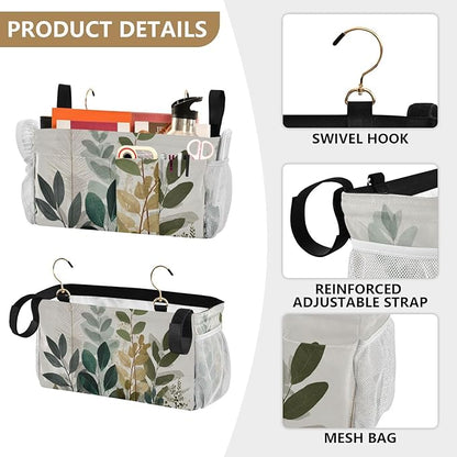 Bedside Caddy Hanging Bunk Bed Caddy Bed Organizer Hanging Pocket with 2 Hooks Bedside Storage Organizer Pocket Bag Holder Beige Boho Style Leaves