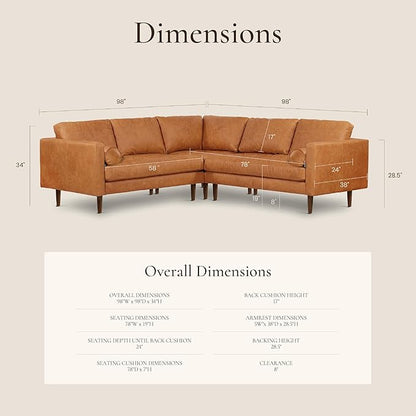 Poly & BARK Napa 98” Leather Corner Sectional Sofa – Full-Grain Italian-Tanned Aniline Leather, Feather-Down Comfort, Solid Wood Frame – Cognac Tan